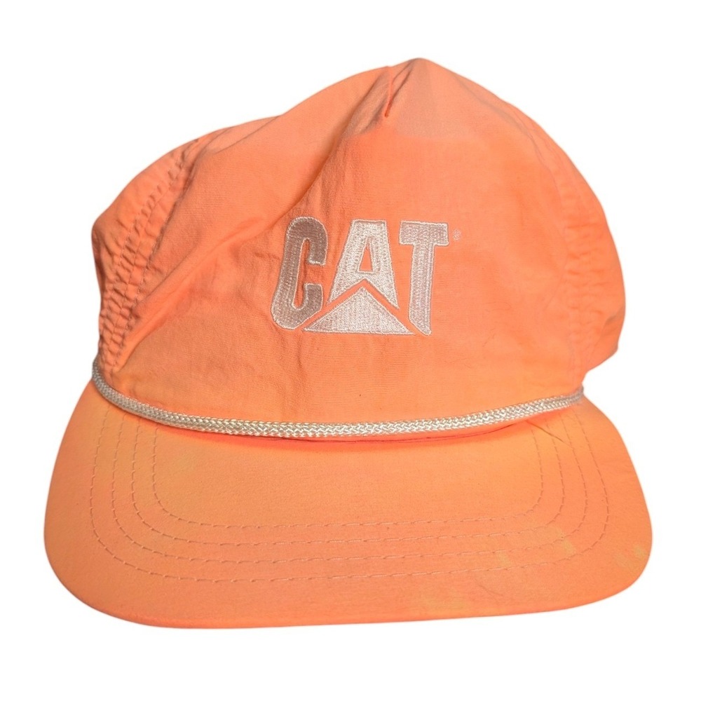 Vintage CAT Caterpillar Hat Neon Orange Nylon Duckster Rope Cap Made in USA